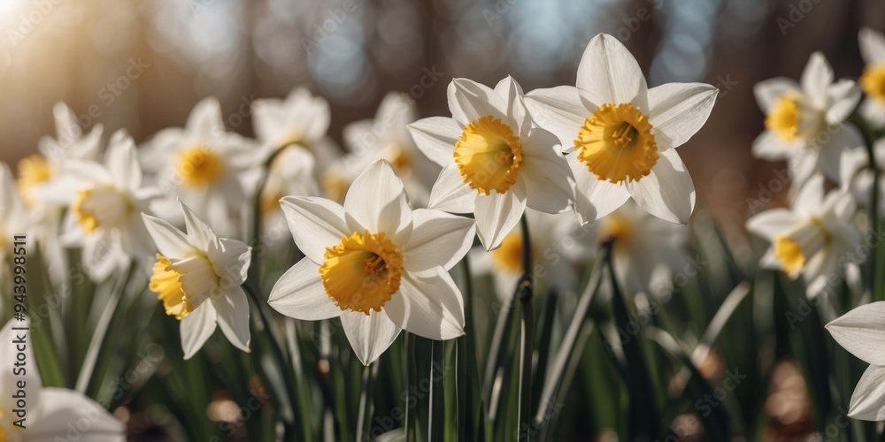 Blooming white daffodils in spring sunlight. Blooming white daffodils in spring sunlight.