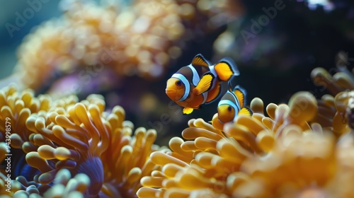 In a vibrant underwater scene, a pair of colorful fish swim gracefully among corals and sea anemones.