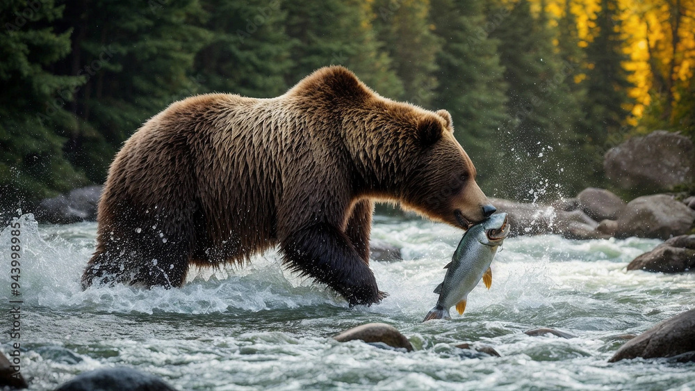A Brown Bear Standing in a River Catching a Salmon in Its Mouth, Highlighting the Dynamic Interaction and Hunting Skill of Wildlife in a Forested Habitat. A Brown Bear Standing in a River Catching a Salmon in Its Mouth, Highlighting the Dynamic Interaction and Hunting Skill of Wildlife in a Forested Habitat.