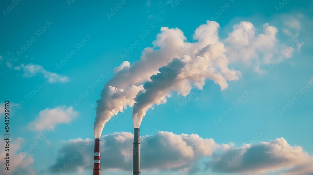 Smoke billowing from industrial chimneys against a blue sky with clouds. Smoke billowing from industrial chimneys against a blue sky with clouds.