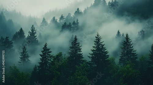 Misty forest landscape with tall trees shrouded in fog, creating serene and mysterious atmosphere.