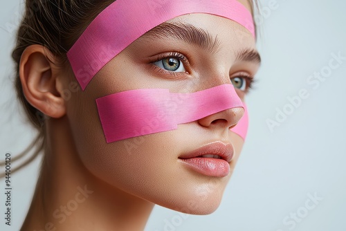 Girl with pink medical kinesiology tape on her face. Woman with elastic therapeutic tape. Relaxes muscles and gets rid of wrinkles. Advertising of traditional medicine and beauty salon. photo