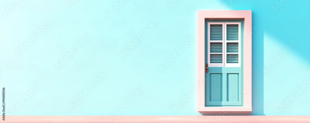 Obraz premium A serene blue wall with a charming pastel door, inviting exploration and creativity in a bright, airy space.