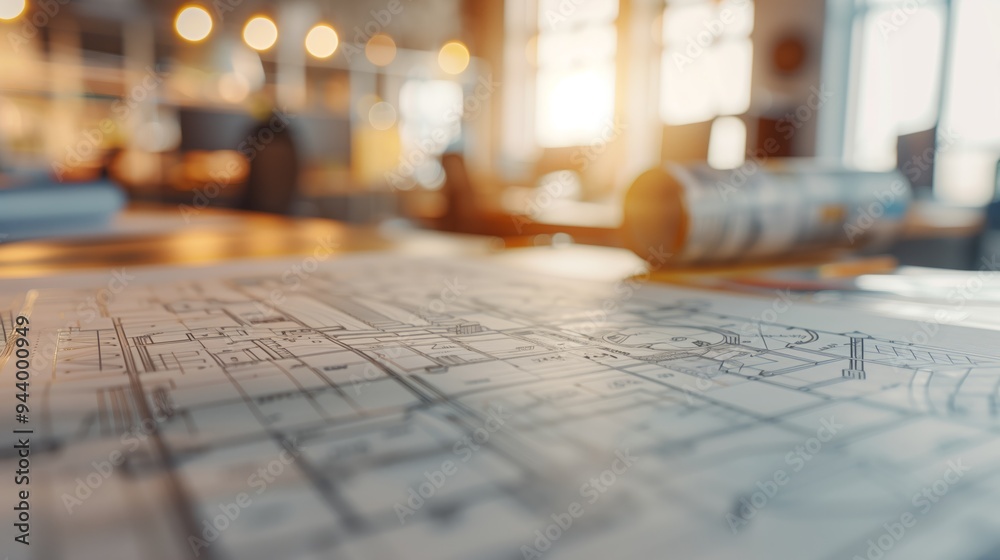 Architectural Blueprint on a Desk in an Office Architectural Blueprint on a Desk in an Office
