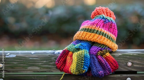 A timber seat holds a rainbow knitted hat and gloves