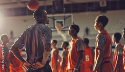 Dedicated Basketball Coach Training High School Athletes in Shooting and Defensive Techniques on Court photo