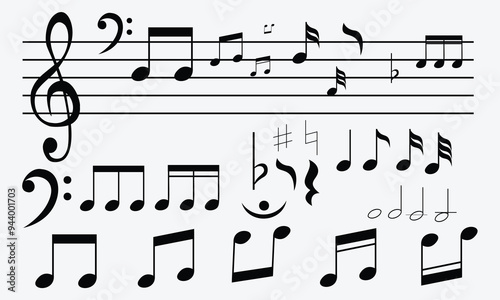 Set of music and tune notes isolated on white background.