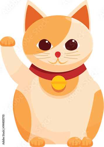 Adorable cartoon maneki neko raising paw, symbolizing good luck and wealth