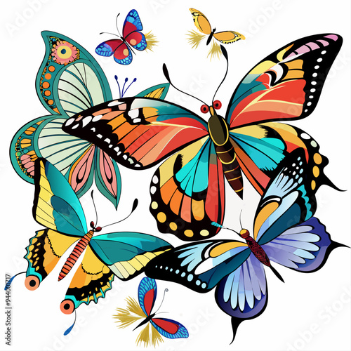 Colorful Butterflies in Flight against a White Background