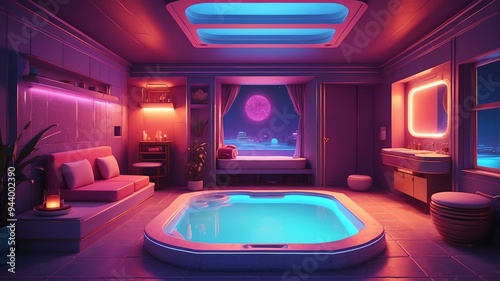 illustrative albedo hot tub room animated retro neon