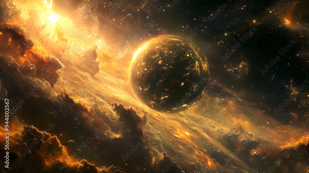 Obraz premium A black planet with golden spots floats above dense clouds. The clouds reflect the golden hue, creating a mesmerizing glow. Above, the cosmos stretches out in darkness.