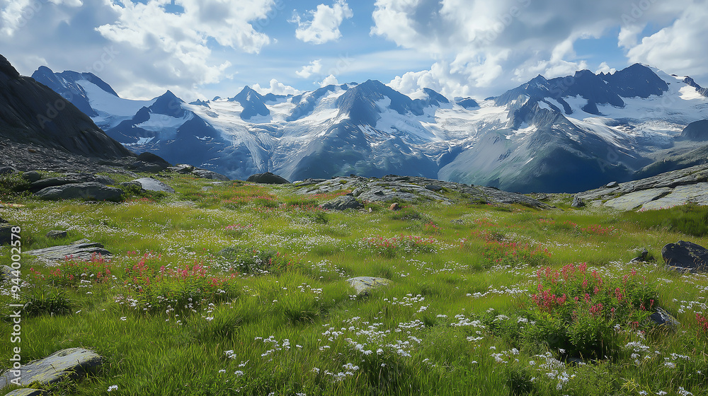 Majestic, snow-covered peaks, alpine meadows, serene, high quality, photorealistic, mountain range, crystal-clear lakes, untouched wilderness, panoramic Majestic, snow-covered peaks, alpine meadows, serene, high quality, photorealistic, mountain range, crystal-clear lakes, untouched wilderness, panoramic