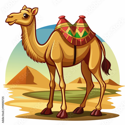 A Camel Standing in a Desert Landscape with Pyramids in the Background