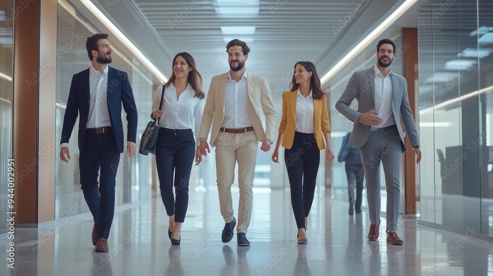Fototapeta premium Business professionals walking confidently in a modern office corridor during a bright day