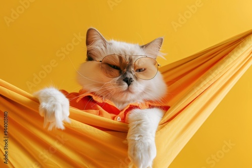 A cool cat in sunglasses lounges in a vibrant yellow hammock. This fun and playful image captures the charm and attitude of pets. Perfect for cat lovers everywhere. Generative AI photo