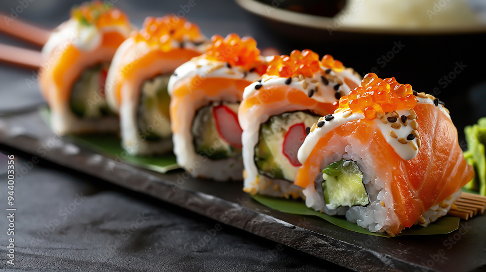 photography of a delicious sushi roll with avocado and salmon photography of a delicious sushi roll with avocado and salmon