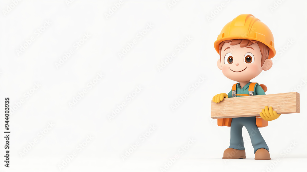 Cheerful cartoon builder holding a wooden plank, ready for construction work, perfect for children's projects and educational content. Cheerful cartoon builder holding a wooden plank, ready for construction work, perfect for children's projects and educational content.