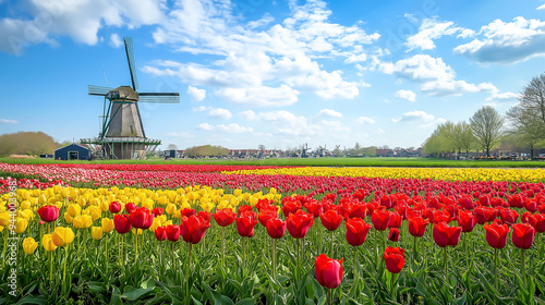 Sprawling, colorful tulip fields, blooming flowers, vibrant, cheerful, high quality, photorealistic, idyllic, springtime, windmills, rural, Dutch countryside