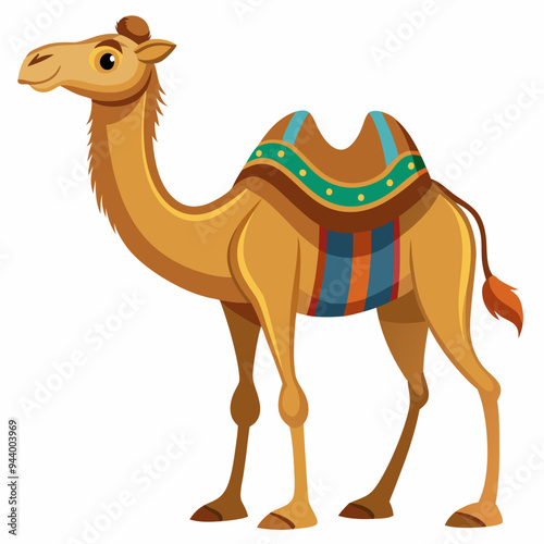 A Cartoon Camel with a Colorful Saddle and a Fluffy Tail