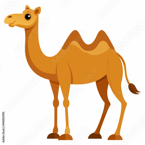 A cartoon camel with a hump standing on a white background