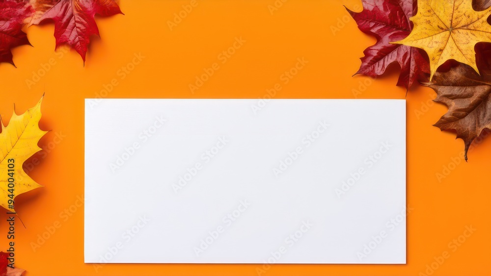 White sheet on an yellow background with autumn leaves White sheet on an yellow background with autumn leaves