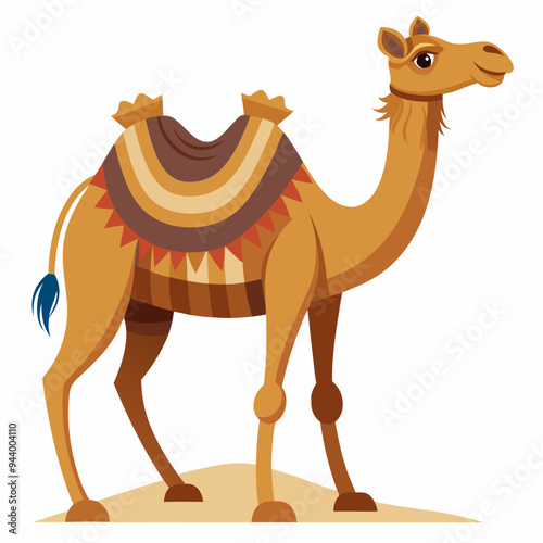 Cartoon Camel With Decorated Saddle Standing on Sand
