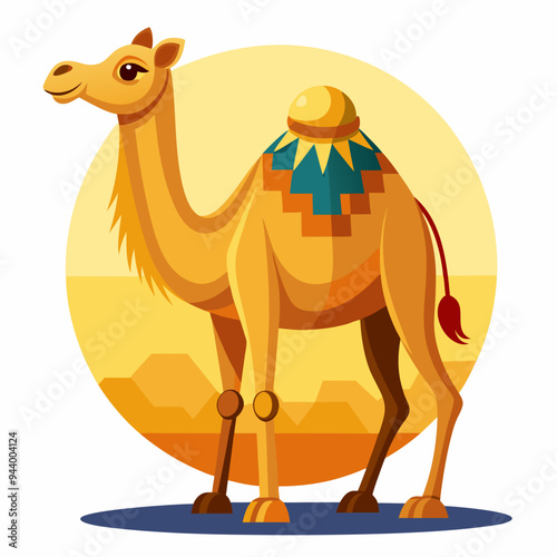 A Cartoon Camel in the Desert with a Saddle