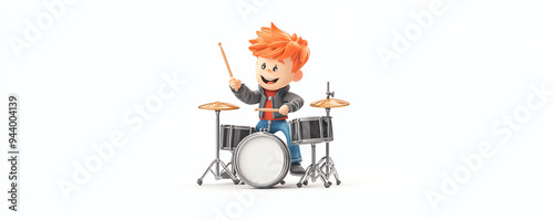 Cheerful cartoon character playing drums, showcasing joy and passion for music in a vibrant and playful design.