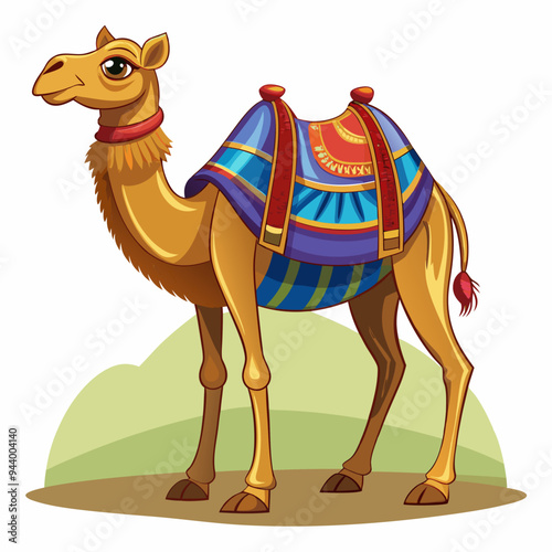 Cartoon Camel with Colorful Saddle and  Furry Neck
