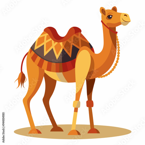 A camel with a patterned saddle stands on sandy ground