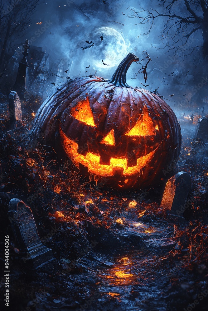 Halloween scene featuring a glowing jack-o'-lantern in a spooky graveyard, perfect for Halloween invitations, decorations, and themed parties with copy space. Halloween scene featuring a glowing jack-o'-lantern in a spooky graveyard, perfect for Halloween invitations, decorations, and themed parties with copy space.