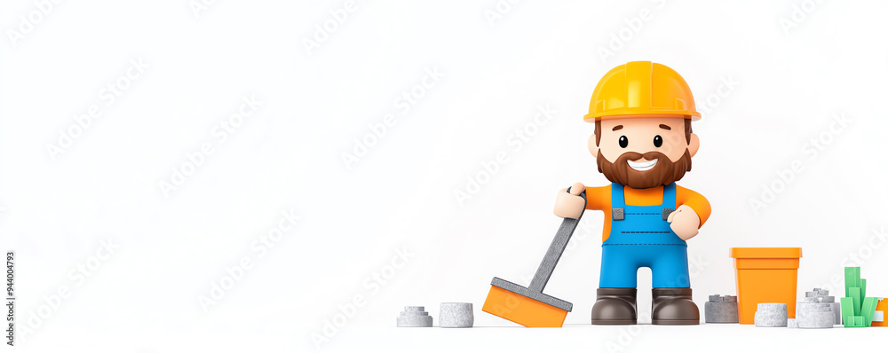 Cheerful construction worker character with tools ready for a project, representing diligence and teamwork in a friendly way. Cheerful construction worker character with tools ready for a project, representing diligence and teamwork in a friendly way.