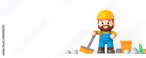 Cheerful construction worker character with tools ready for a project, representing diligence and teamwork in a friendly way.