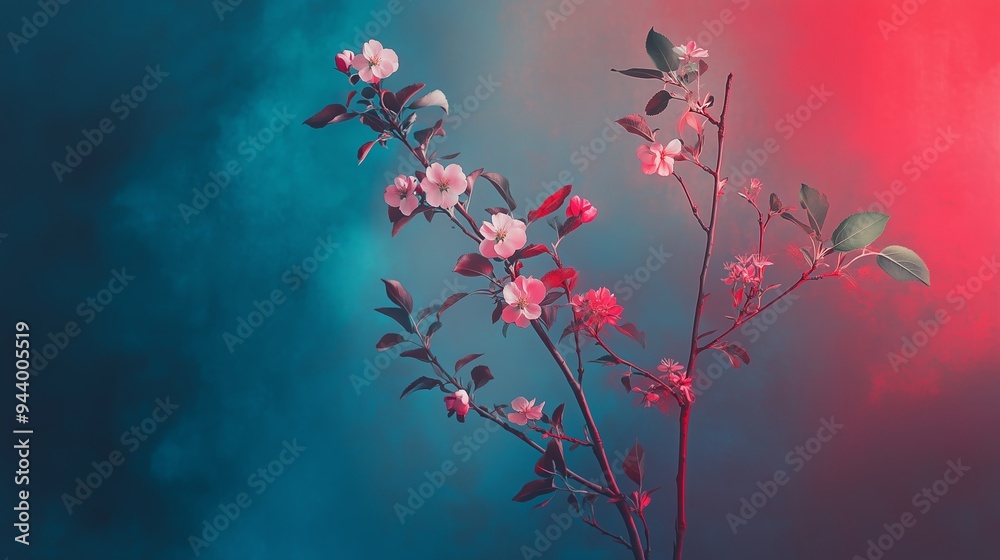 A delicate branch of blossoming flowers stands out against a vibrant blue and red background, creating a striking visual contrast A delicate branch of blossoming flowers stands out against a vibrant blue and red background, creating a striking visual contrast