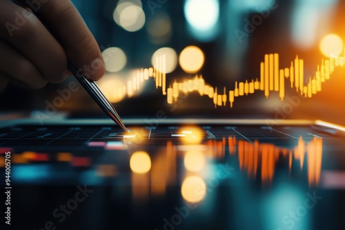 Wallpaper Mural A close-up of a hand using a pen on a tablet with vibrant data visualization graphics, symbolizing finance and analysis. Torontodigital.ca