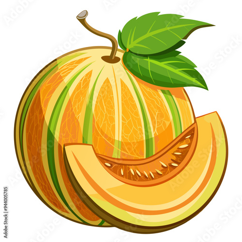 Whole and Sliced Cantaloupe Melon with Green Leaves