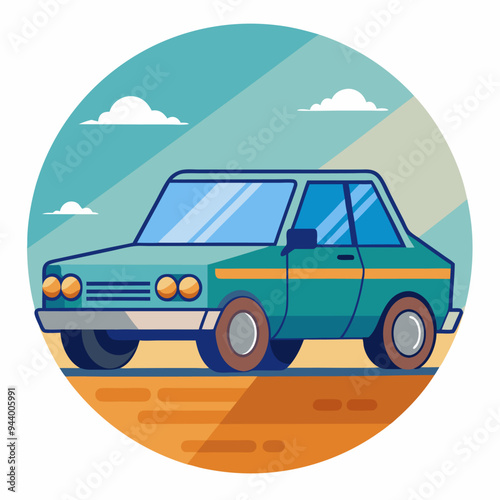 Retro Car Driving on a Sunny Road with Clouds in the Sky