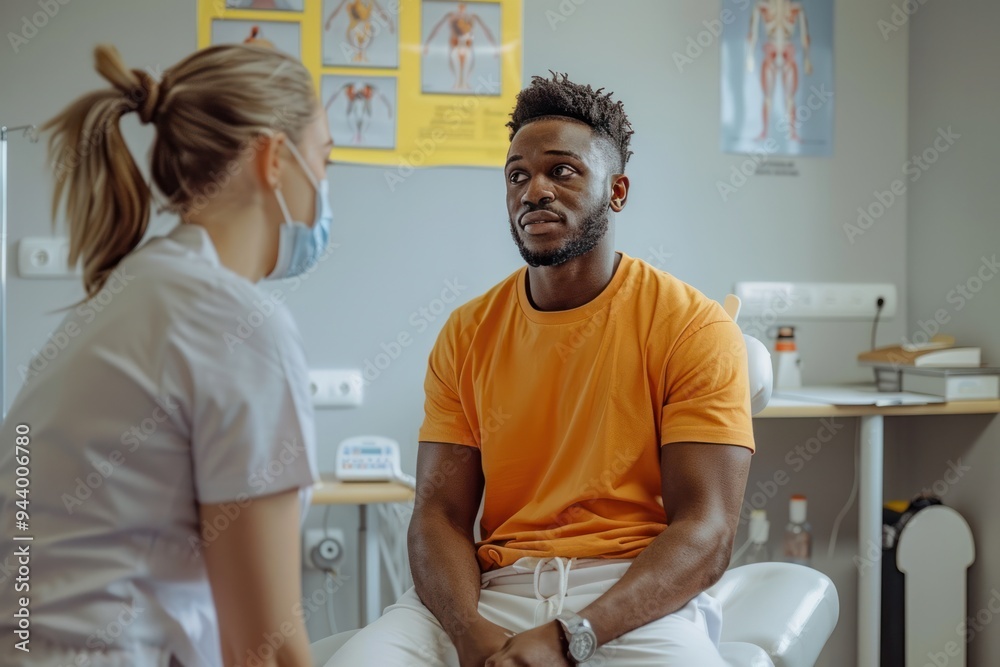 A man in an orange shirt sits in a doctor's office