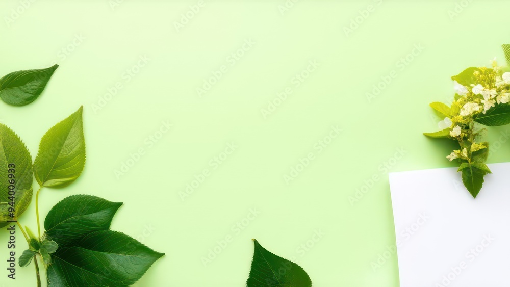White sheet of paper on a light green background with spring leaves and flowers White sheet of paper on a light green background with spring leaves and flowers