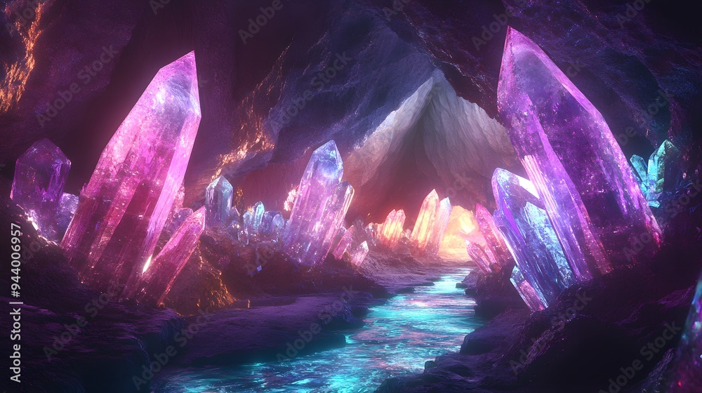Crystal Cavern: A vast underground cavern filled with giant, luminous crystals, with an iridescent river flowing through the middle.
Crystal Cavern: A vast underground cavern filled with giant, luminous crystals, with an iridescent river flowing through the middle.