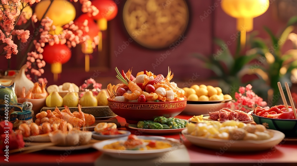 3D rendering of a Chinese New Year banquet with traditional dishes and decorations 3D rendering of a Chinese New Year banquet with traditional dishes and decorations