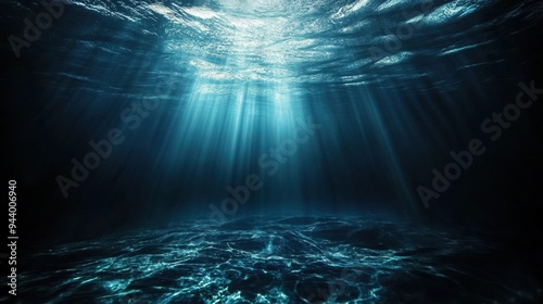 Beams of light penetrate the ocean's deep, dark waters, creating an ethereal, serene underwater scene.