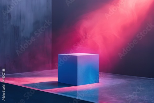 A blue cube is sitting on a wet floor in front of a wall
