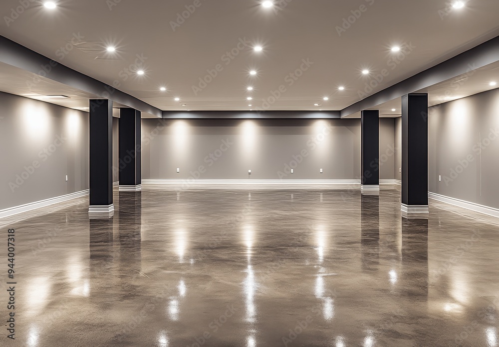 © BerkahStock - Modern Basement Interior with Polished Concrete Floor