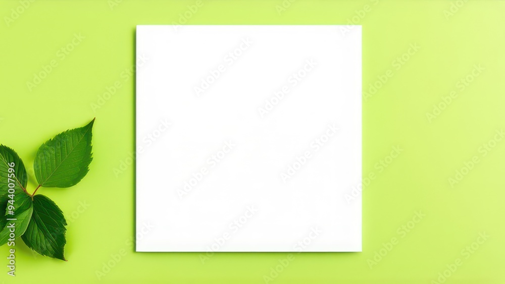 White sheet of paper on a light green background with spring leaves and flowers White sheet of paper on a light green background with spring leaves and flowers