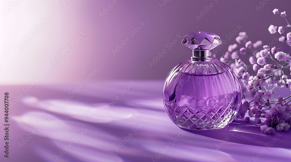 A violet backdrop with a silver perfume bottle