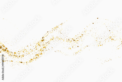 Scattered golden particles on white background. Holiday background or design element. New Year and Christmas