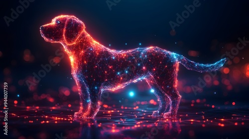 Glowing Futuristic Virtual Pet Dog in Digital Landscape photo