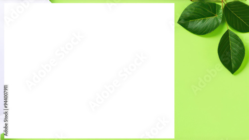 White sheet of paper on a light green background with spring leaves and flowers