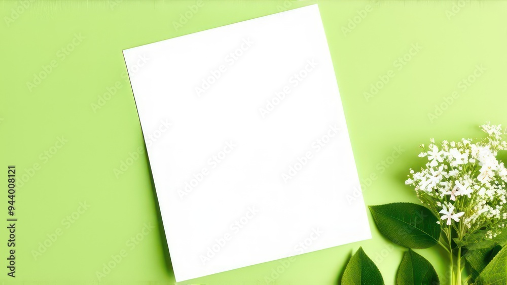 White sheet of paper on a light green background with spring leaves and flowers White sheet of paper on a light green background with spring leaves and flowers